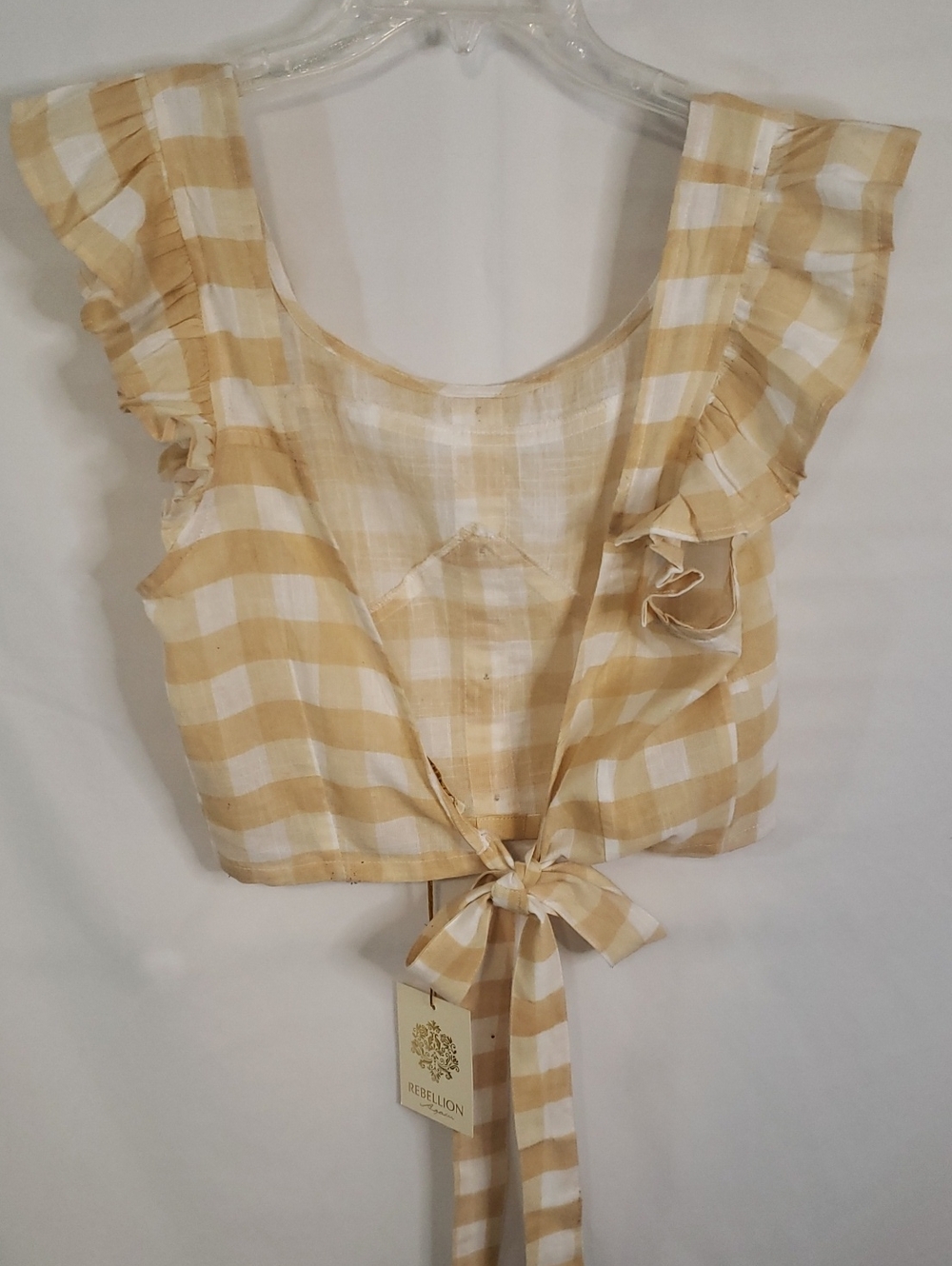Rebellion Again Yellow/Cream Plaid Tie-Back Ruffle Sleeve Crop Top, Large - Picture 4 of 6